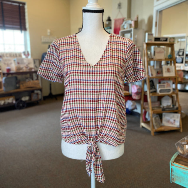 Madewell Seersucker Plaid Tie Front Top - Size XS