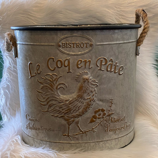 12" Galvanized Metal Rooster Container With Rope Handles