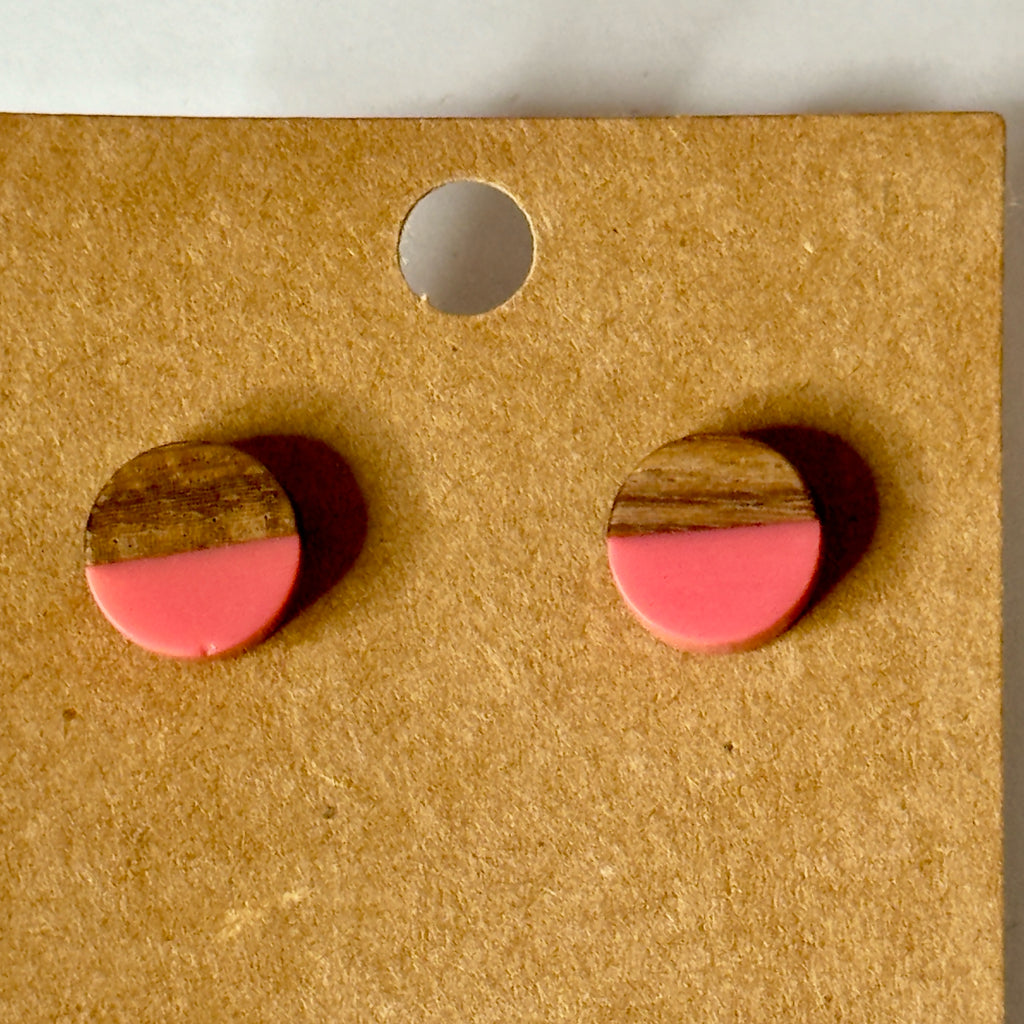 Coral Resin & Wood Stud Earrings