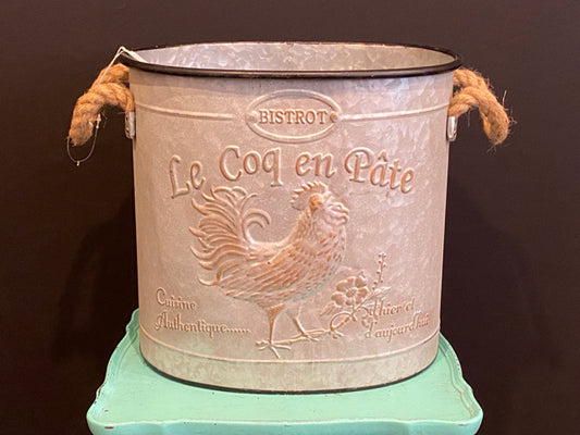 12" Galvanized Metal Rooster Container With Rope Handles
