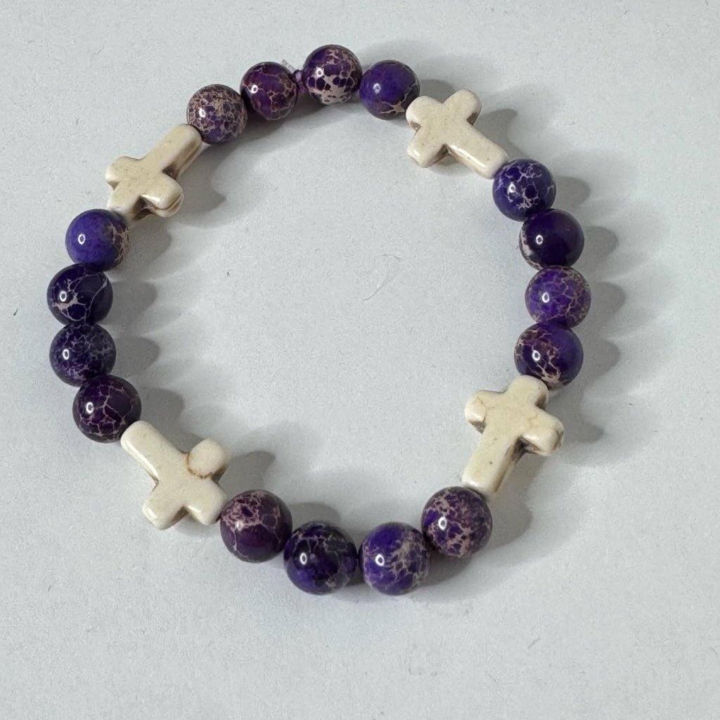 Inga Ann's Purple Jasper & Howlite Cross Beaded Bracelet