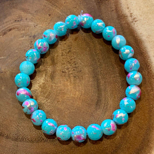 Inga Ann's Blue w/Pink Splatter Beaded Bracelet