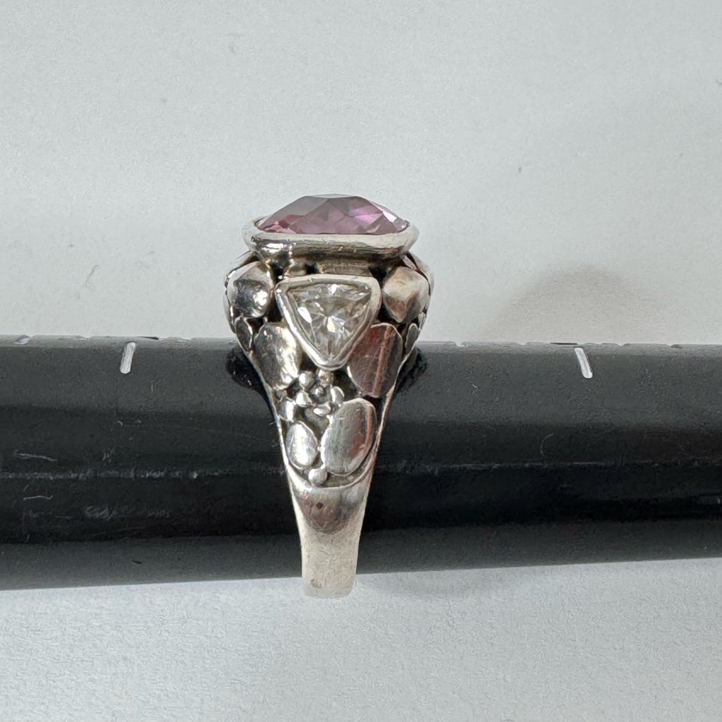 Vintage Sterling Silver Cocktail Ring w/Cushion Cut Pink Stone - Size 6