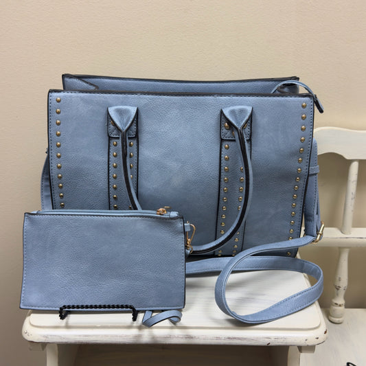 Blue Studded Handbag & Wristlet