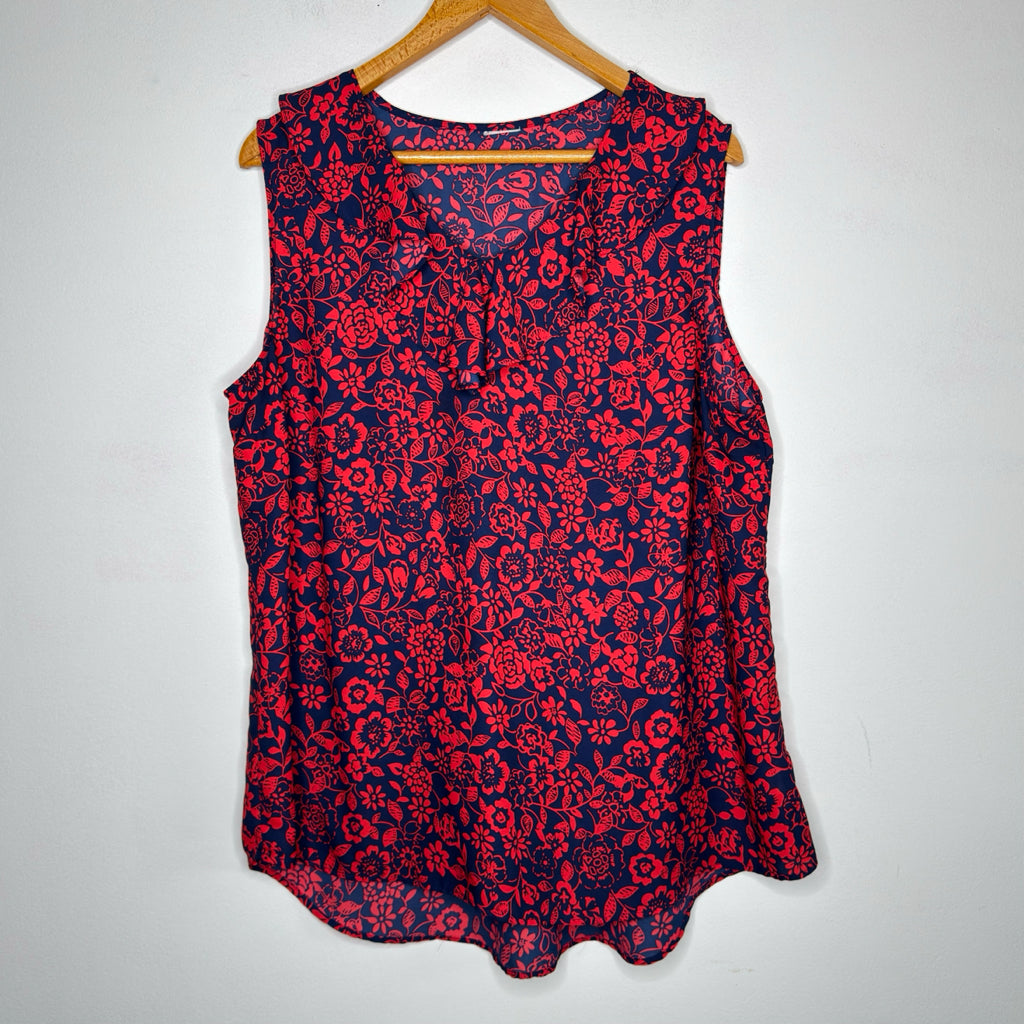 Red & Navy Blue Ruffle Trim Sleeveless Top - Size 1X