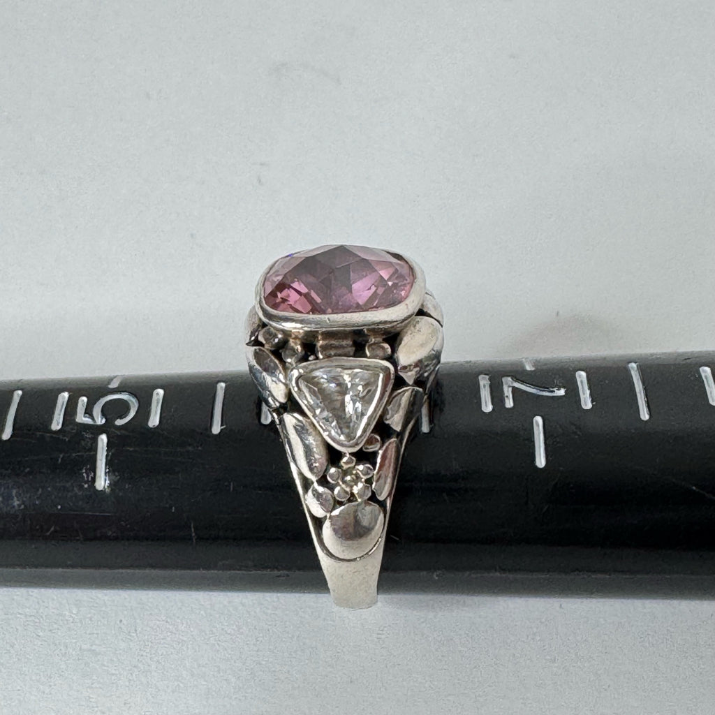 Vintage Sterling Silver Cocktail Ring w/Cushion Cut Pink Stone - Size 6