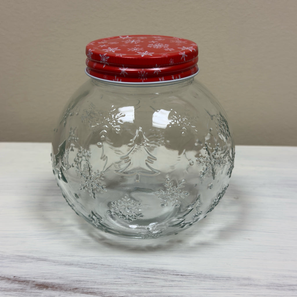 Christmas Tree & Snowflake Embossed Glass Jar w/Lid