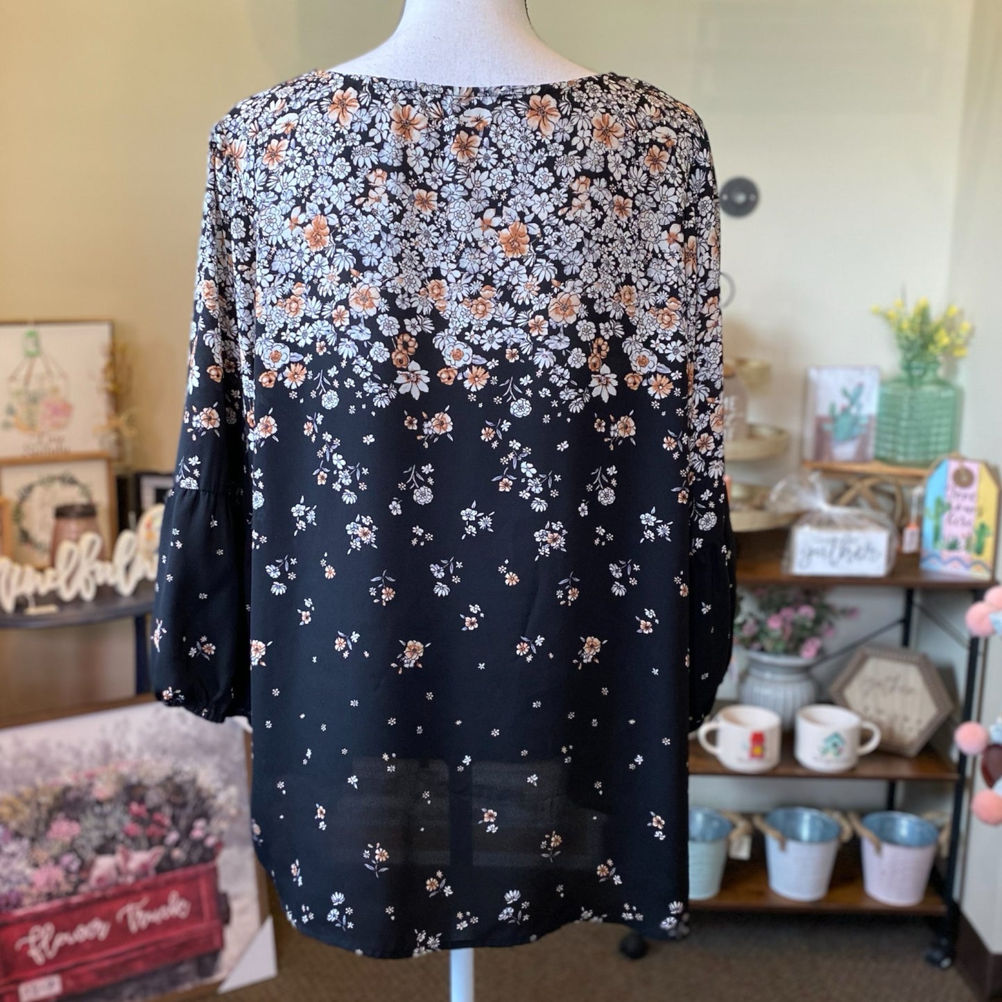 Floral Bell Sleeve V-Neck Top - Size 1X