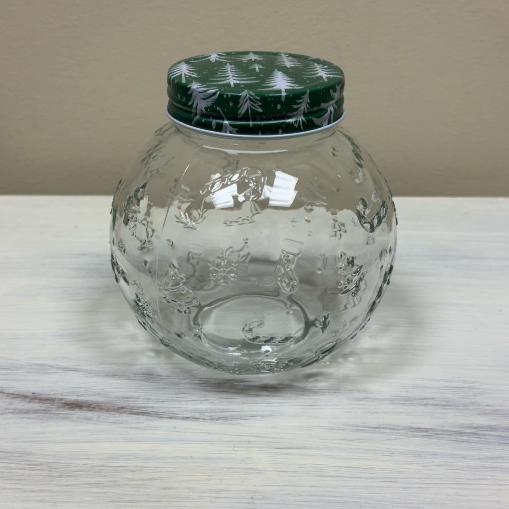Christmas Embossed Glass Jar w/Lid