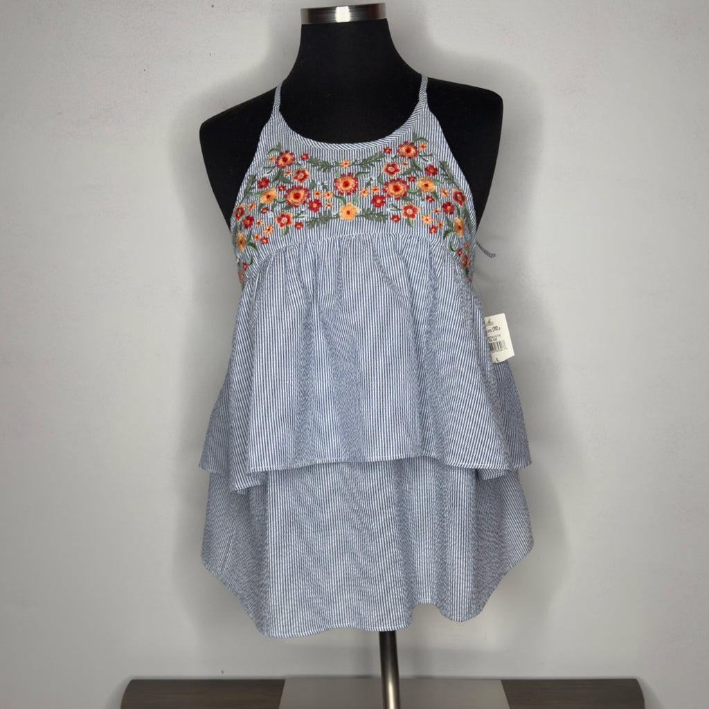 Miss Me Seersucker Embroidered Lace Back Tiered Tank Top - Size Large