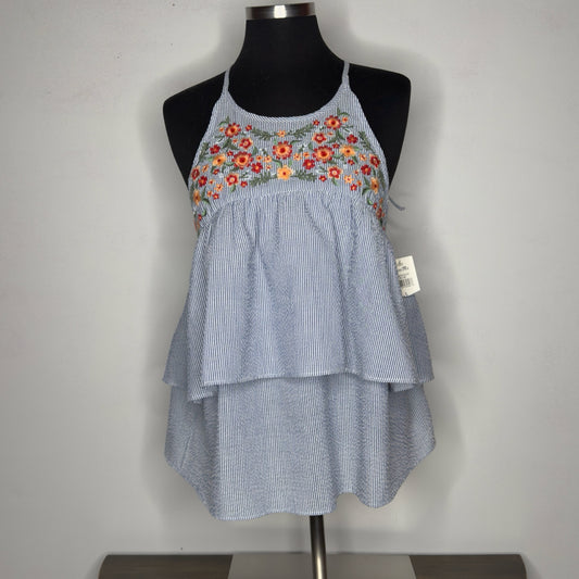 Miss Me Seersucker Embroidered Lace Back Tiered Tank Top - Size Large