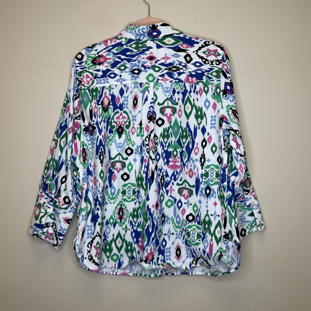 Chico's No Iron Chic Stretch Ikat Print Top - Size Large