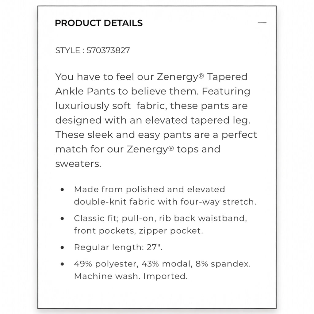 Chico's Zenergy Tapered Leg Ankle Pants - Size Large