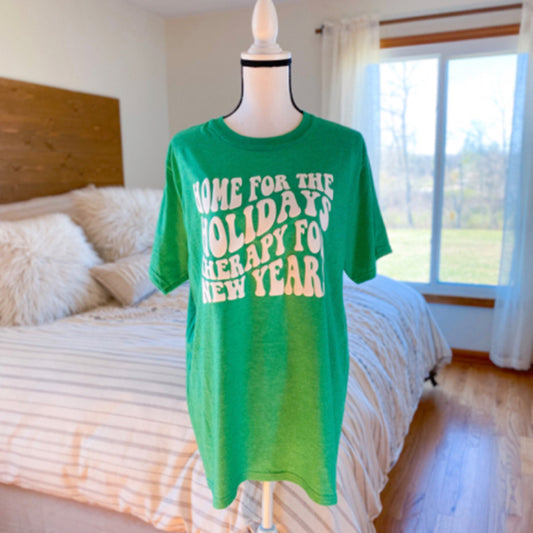 Home For The Holidays Therapy For The New Years Puff Print Graphic Tee - Large