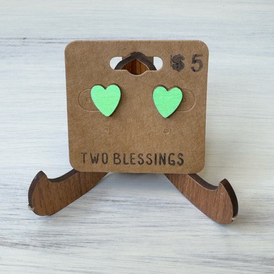Two Blessings Earrings - Wood Heart - Green