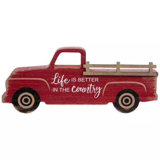 Life Is Better In The Country Red Truck Wood Decor Block Sign