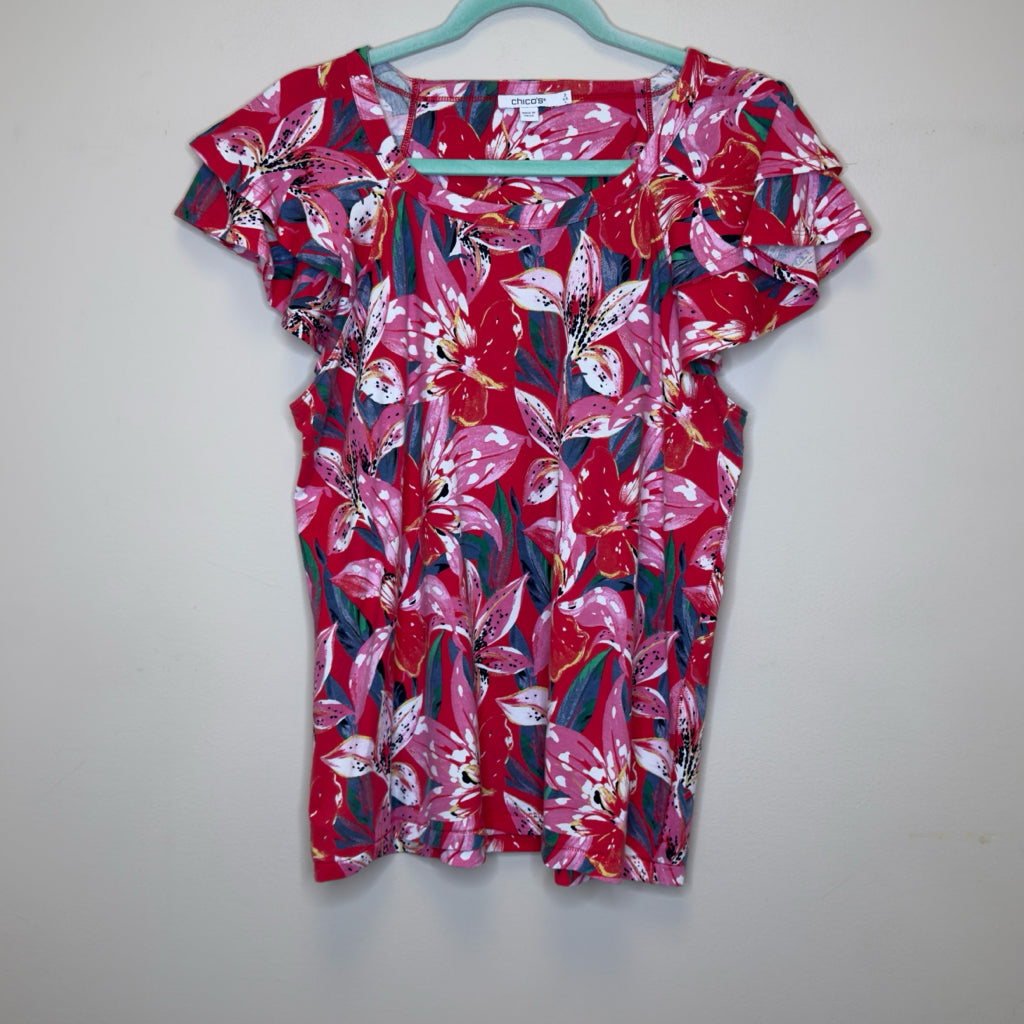 Chico's Floral Layered Cap Sleeve Tee - Size Large