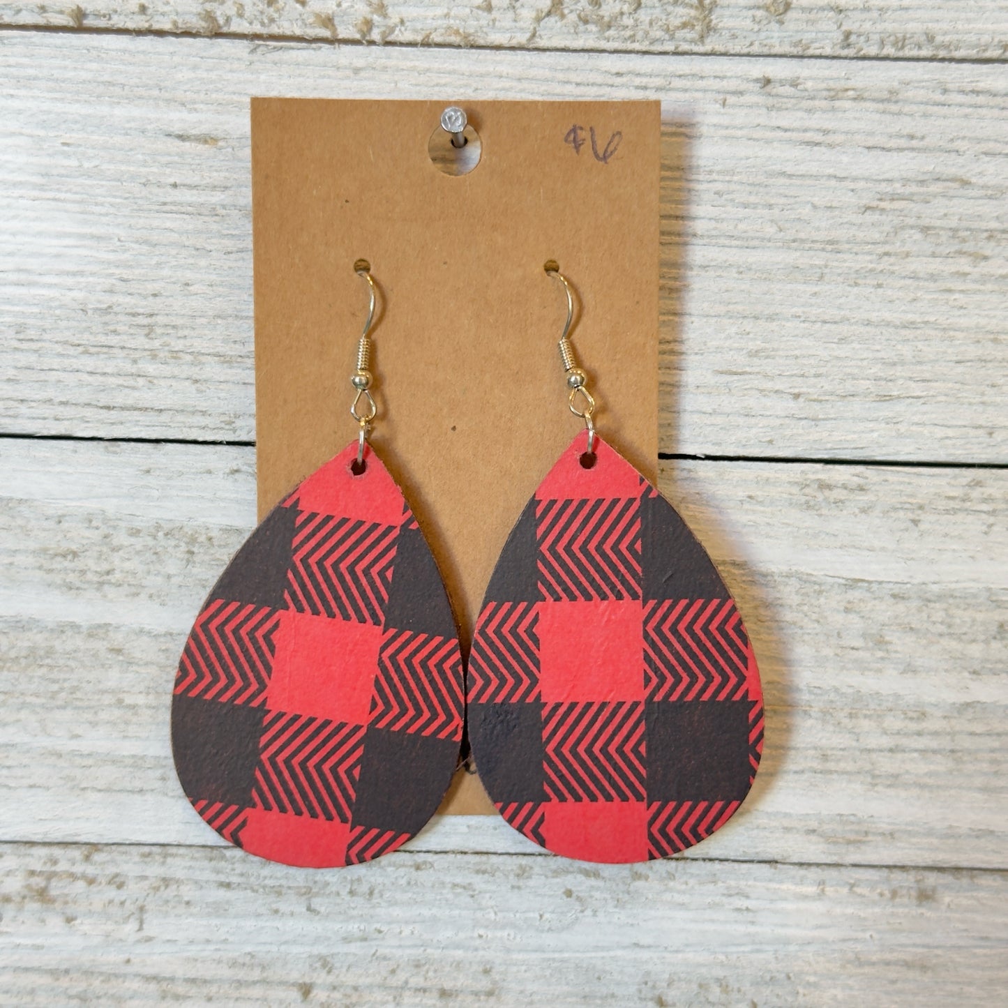 Two Blessings Wood Earrings - Black & Red Buffalo Plaid