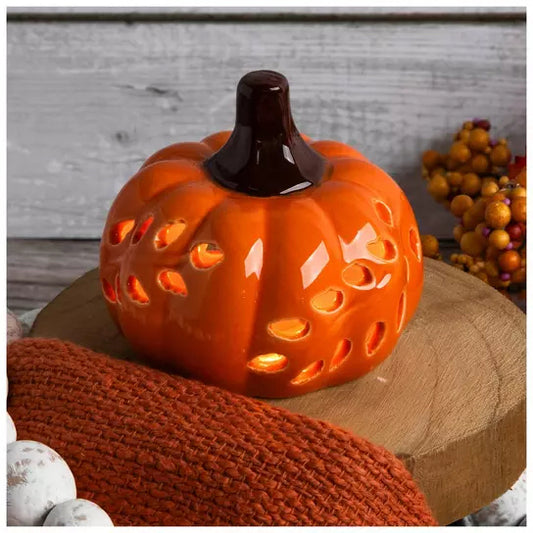 Light Up Cutout Ceramic Pumpkin - Orange