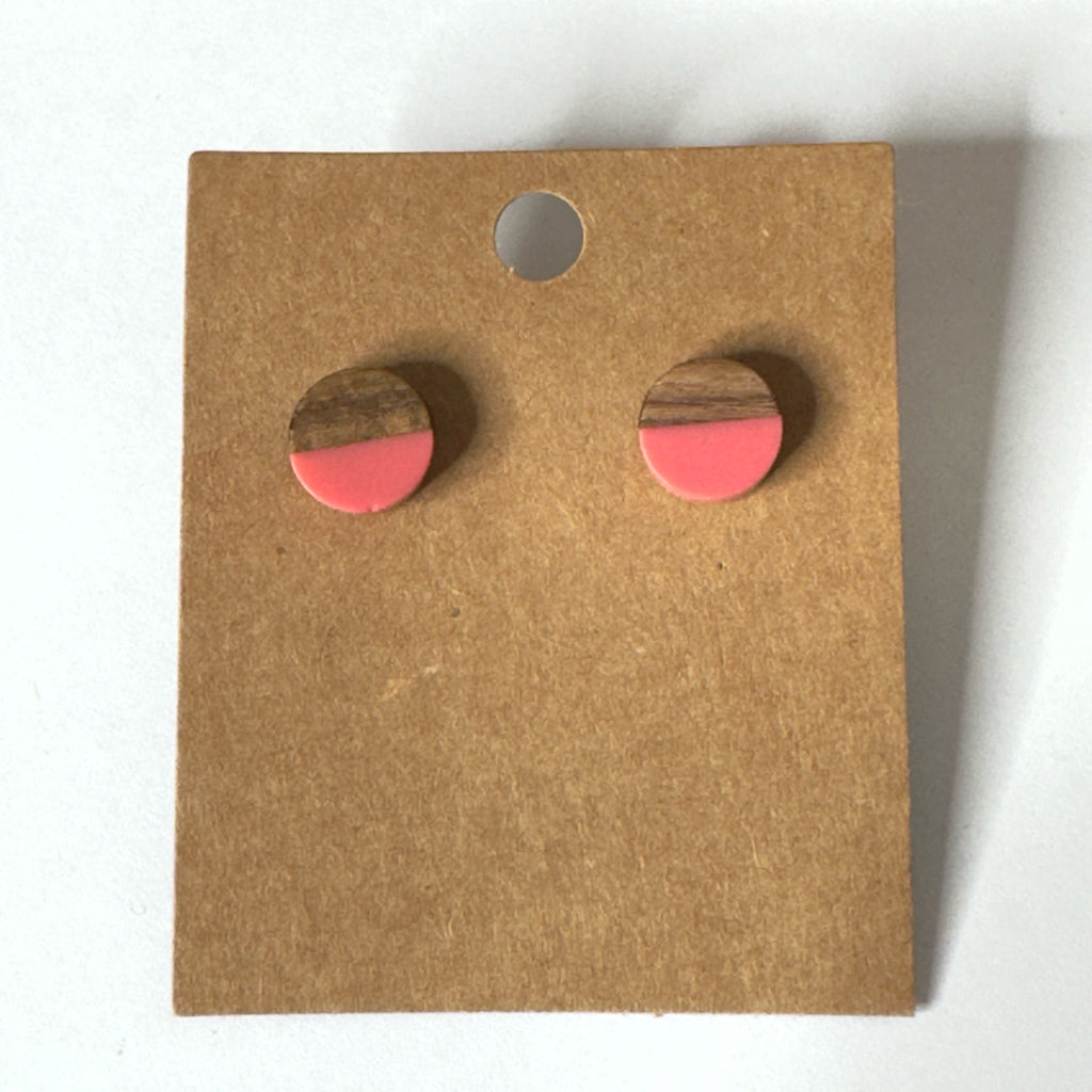 Coral Resin & Wood Stud Earrings