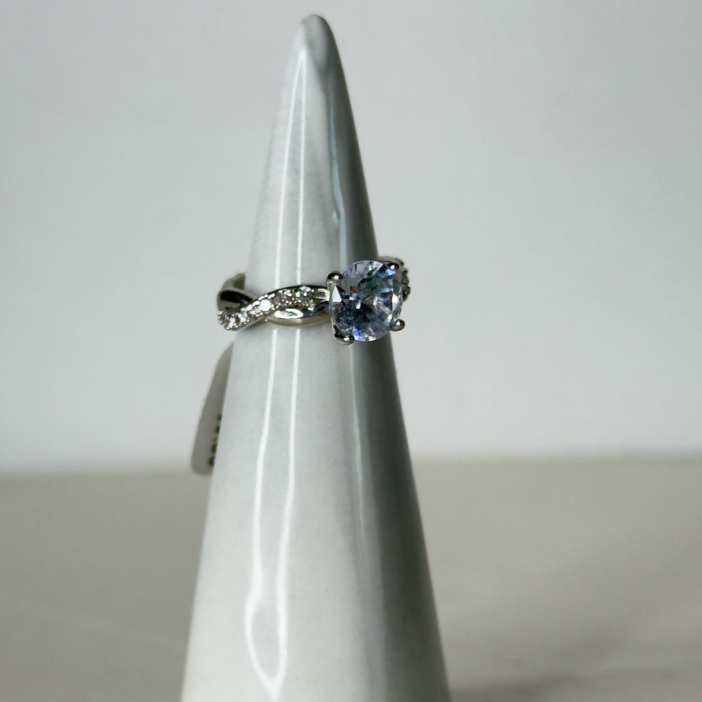 Silver Tone Crystal Infinity Cocktail Ring - Size 5