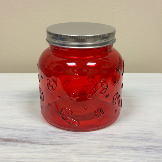 Red Candy Cane Embossed Glass Jar w/Lid