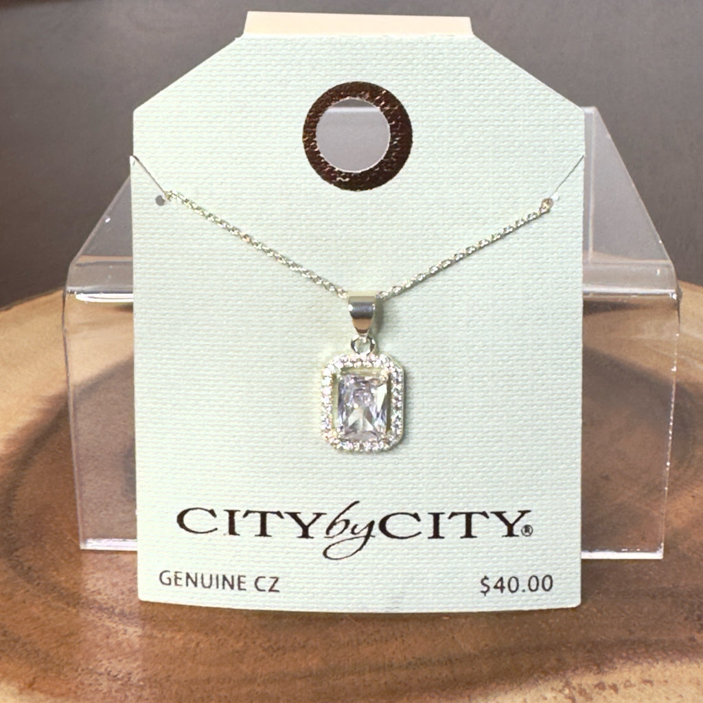 City by City Emerald Cut Cubic Zirconia Halo Pendant Necklace