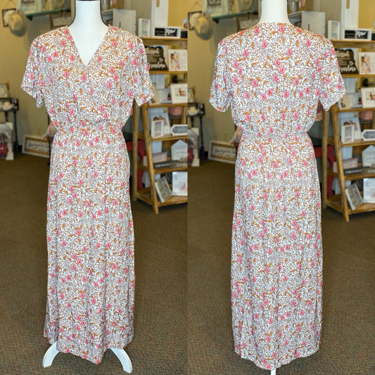 Flower Print Faux Wrap Dress - Size XL