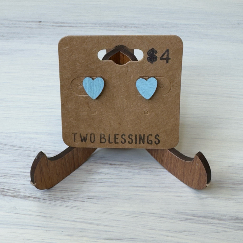 Two Blessings Earrings - Wood Heart - Blue