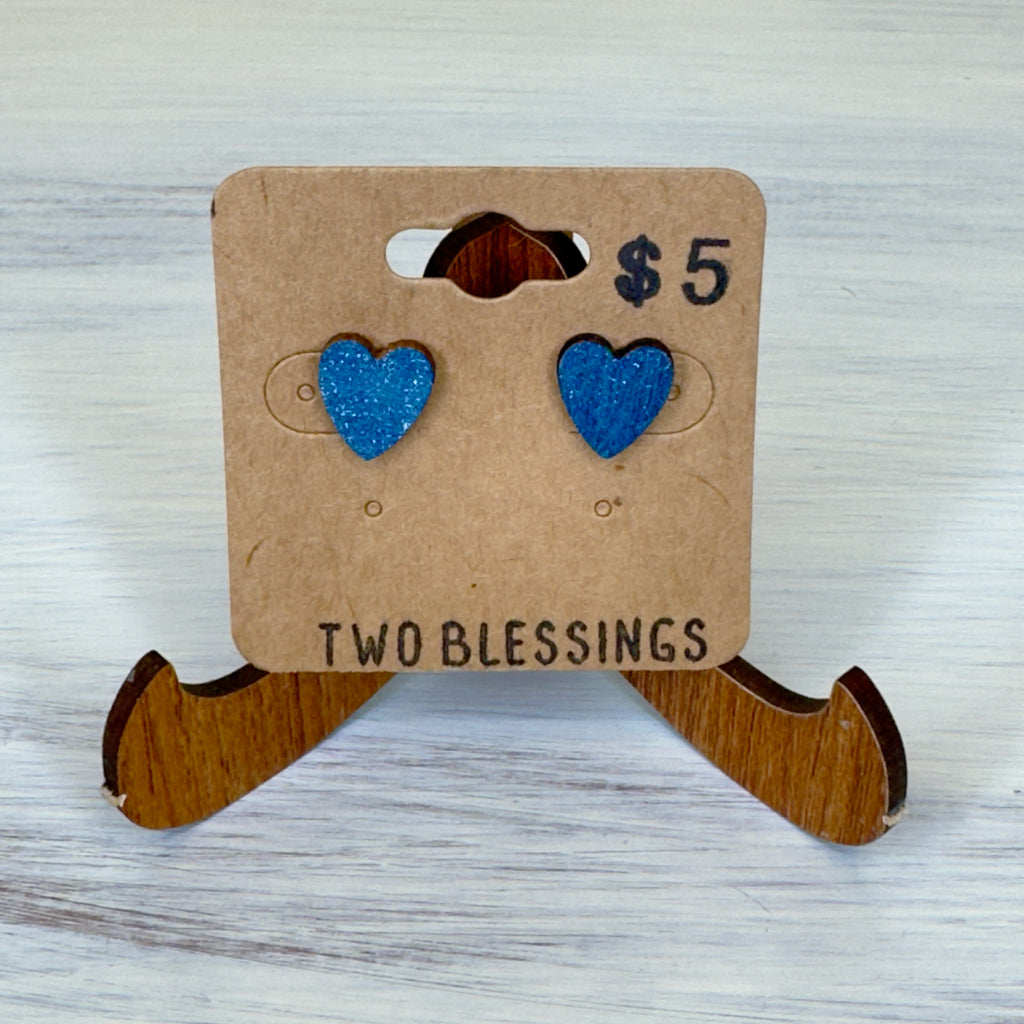 Two Blessings Earrings - Wood Heart - Blue