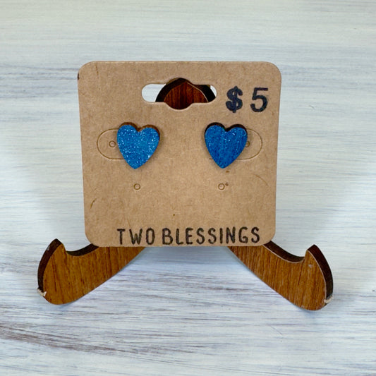 Two Blessings Earrings - Wood Heart - Blue