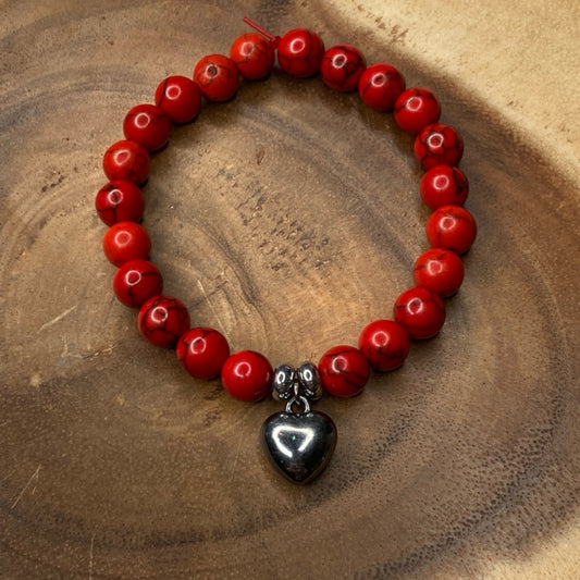Inga Ann's Beaded Bracelet - Red & Black w/Heart Charm