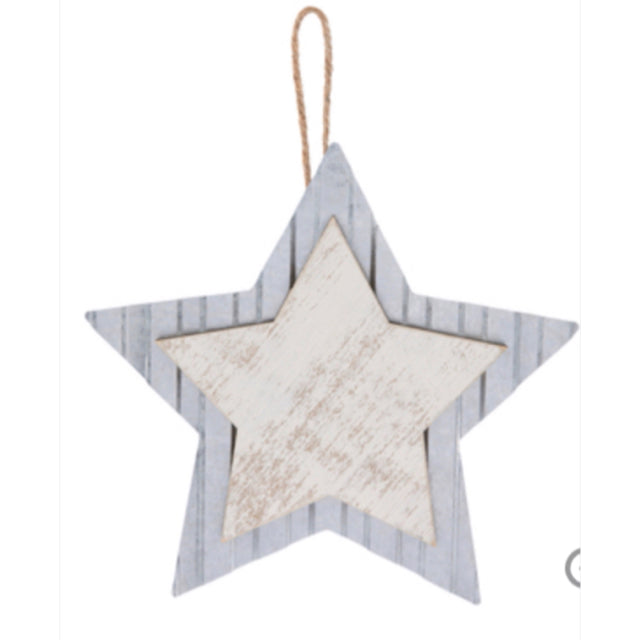 6 1/2" White Wood & Metal Hanging Star