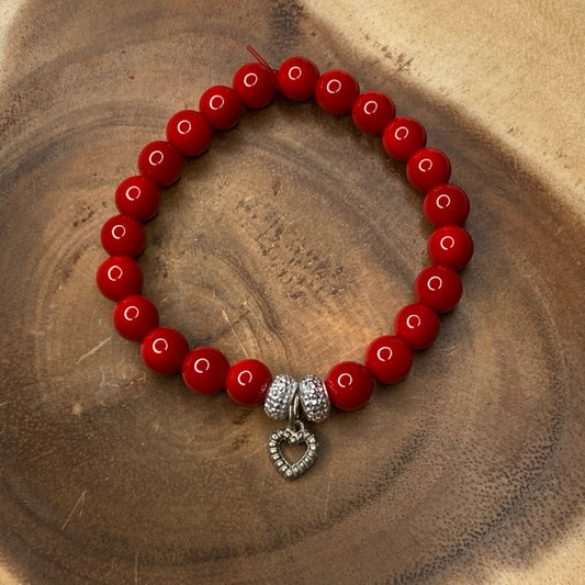 Inga Ann's Beaded Bracelet - Red w/Heart Charm