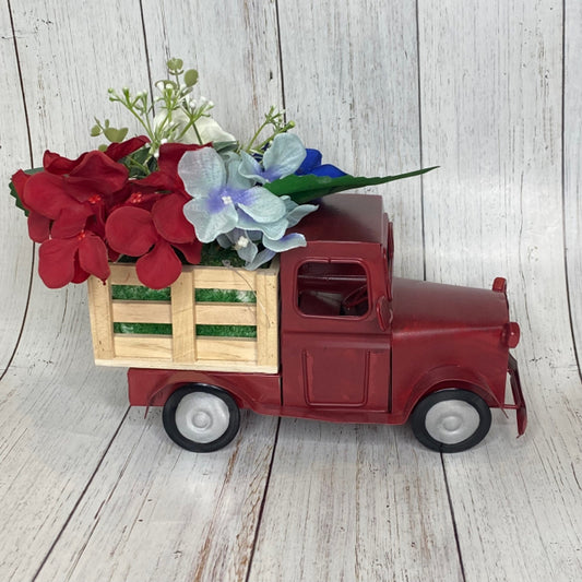 Red, White & Blue Metal Truck with Artificial Flowers