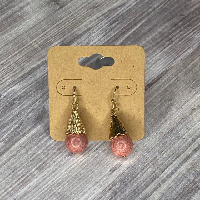 Gold Tone/Pink Marble Dangle Earrings