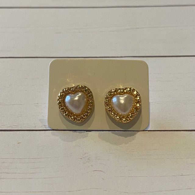 Faux Pearl & Gold Tone Heart Earrings