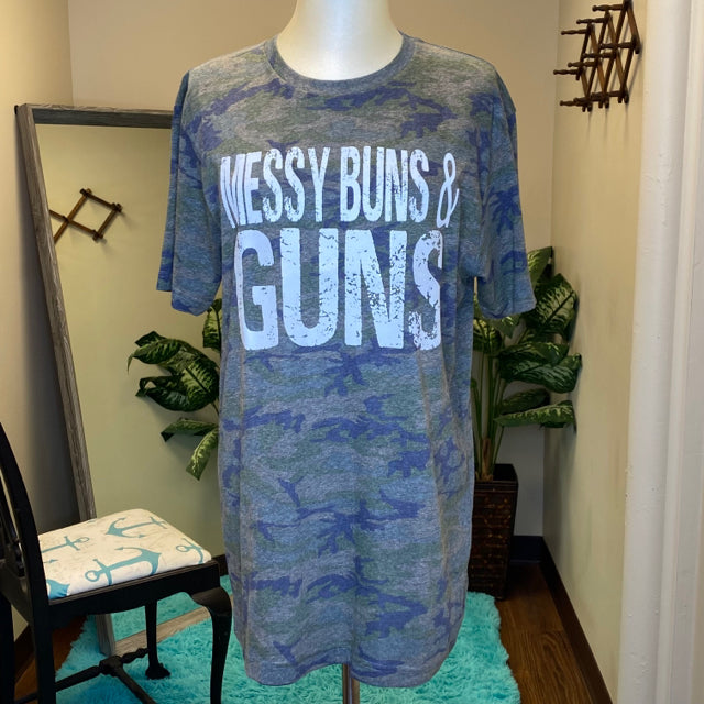 Messy Buns & Guns Camo Print Graphic Tee - Size Medium