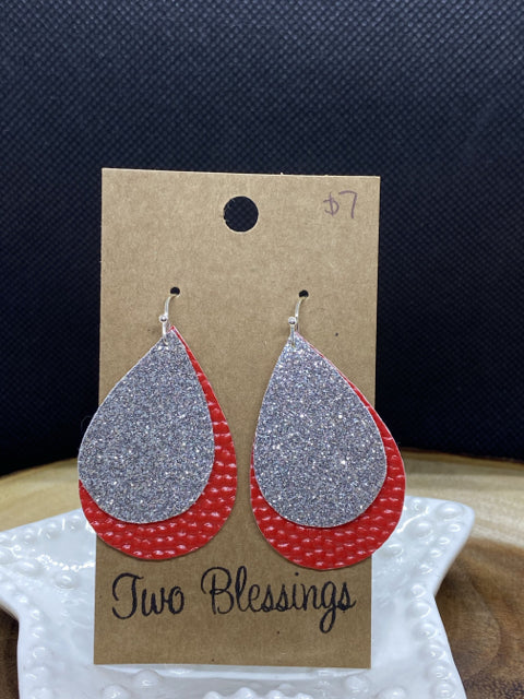 Two Blessings Earrings - Silver Glitter Over Red