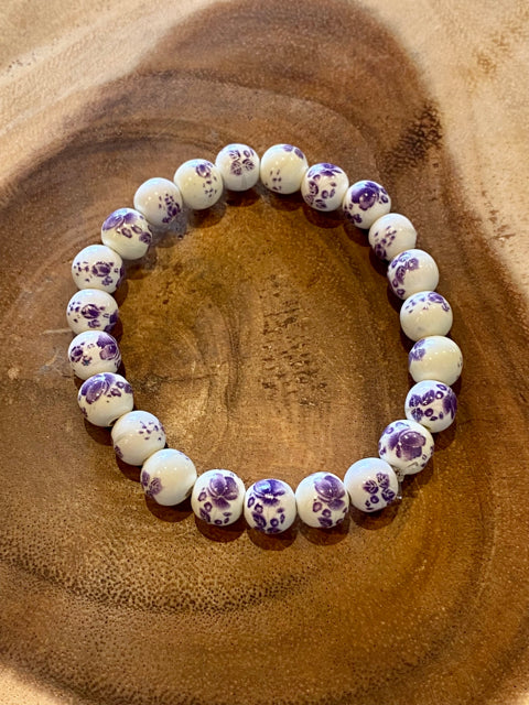 Inga Ann's Purple Flower Ceramic Beaded Bracelet