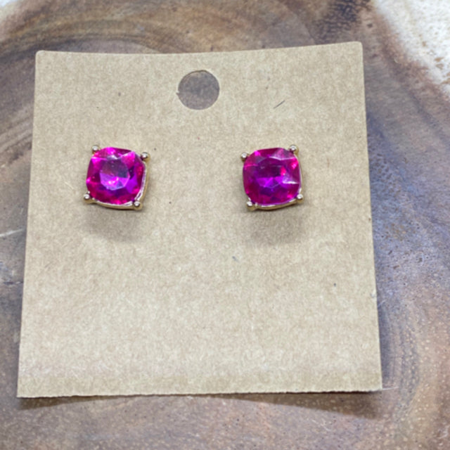 Hot Pink Square Crystal Post Earrings