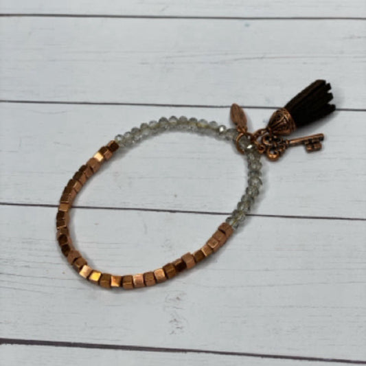Beaded Bracelet w/Key, Tassel and Leaf Charm