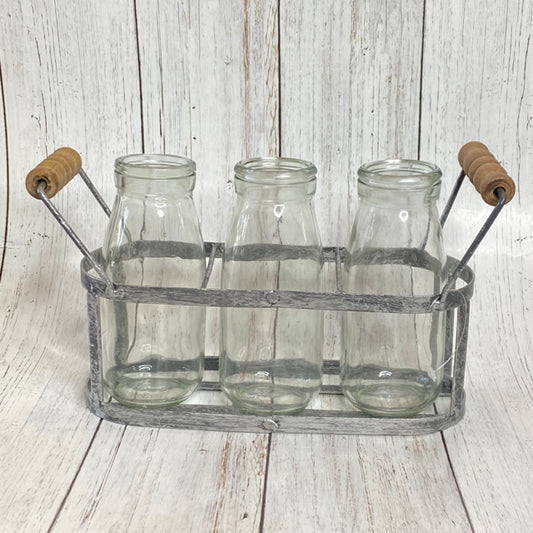 3 Glass Vases In Metal Tray