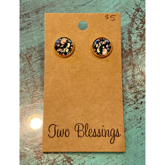 Two Blessings Cabochon Post Earrings - Black w/Floral Print