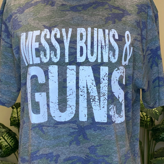 Messy Buns & Guns Camo Print Graphic Tee - Size Medium