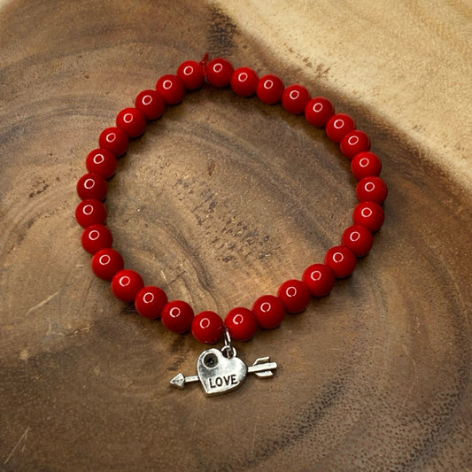 Inga Ann's Beaded Bracelet - Red w/Heart & Arrow Charm