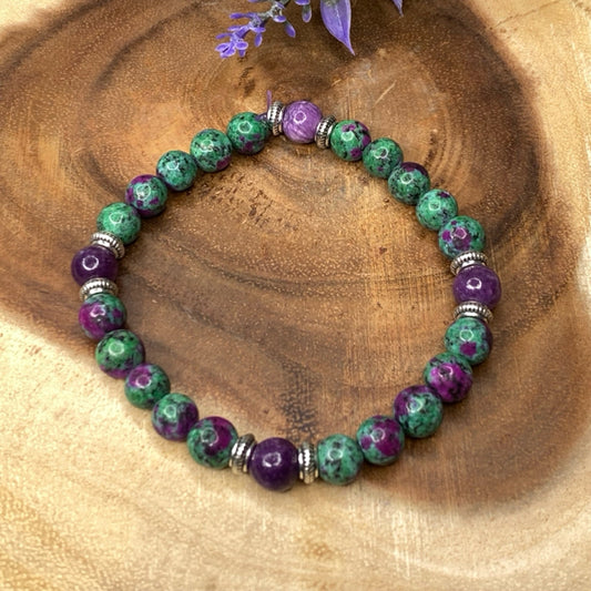 Inga Ann's Beaded Bracelet - Ruby Dyed Zoisite/Purple Dyed Quartzite