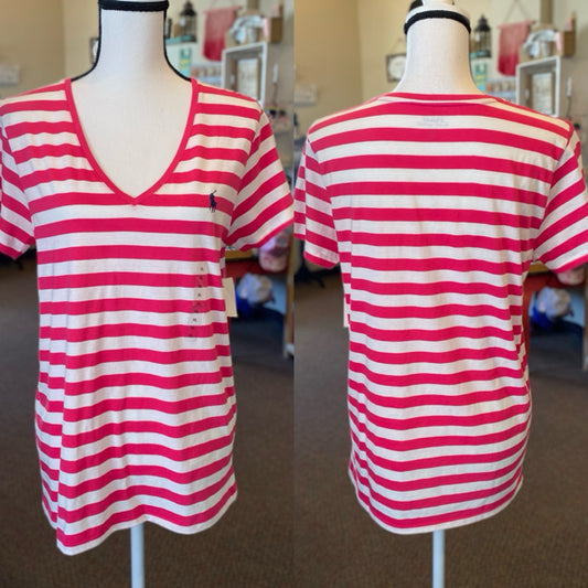 Polo Ralph Lauren Pink and White Striped V-Neck T-Shirt - Size XL