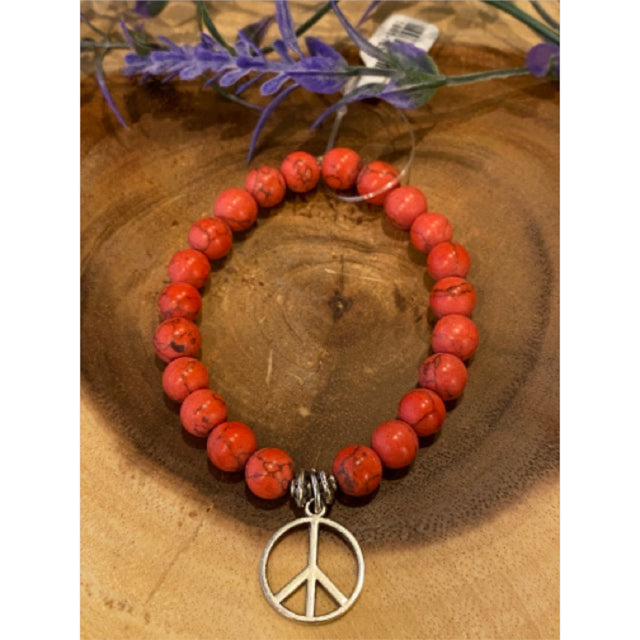 Inga Ann's Red Howlite Beaded Bracelet w/Peace Charm