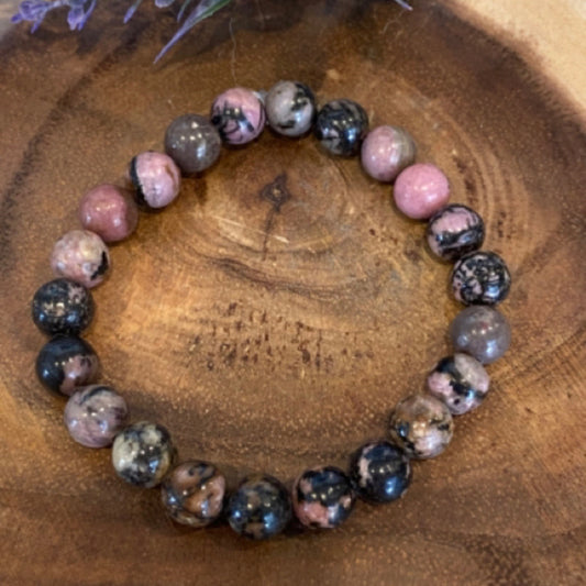 Inga Ann's Beaded Bracelet - Pink & Black Rhodonite